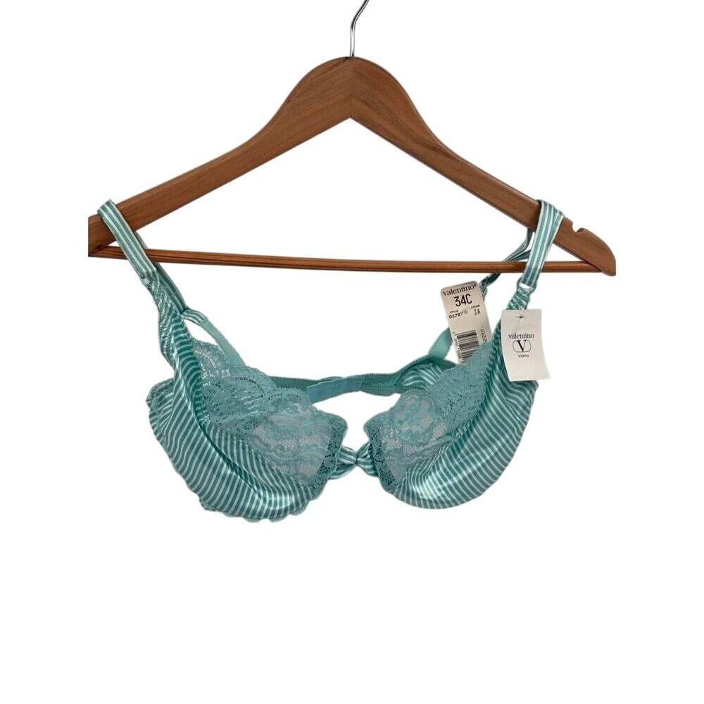 Vintage Valentino Intimo Bra Women Size 34C Satin‎ Lace Green Striped New
